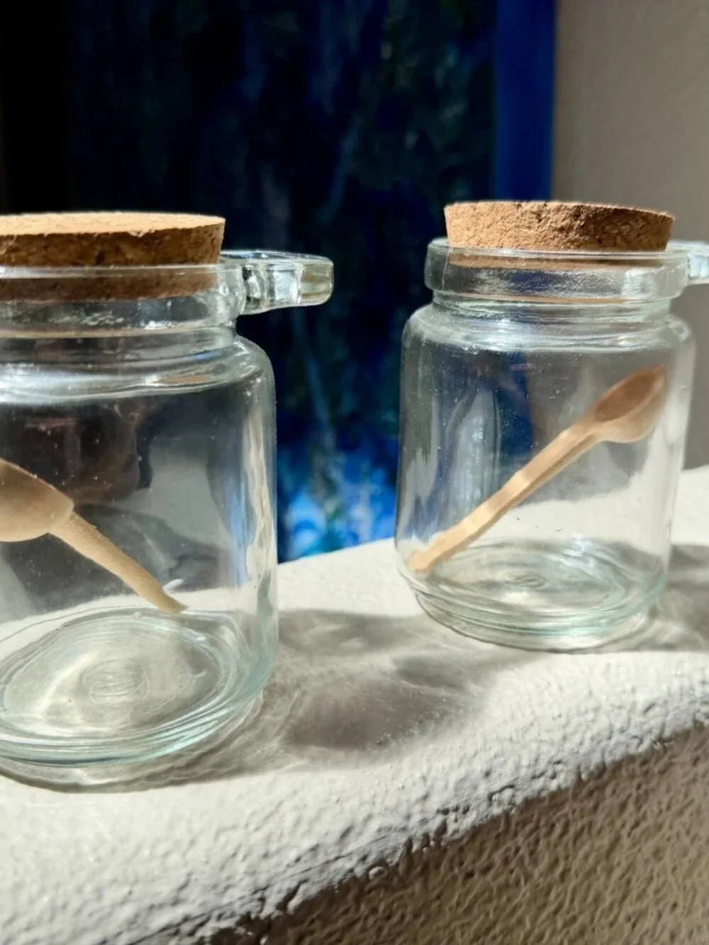 Pair of Glass Jars w Cork Lid & Wood Spoon 11 oz for Apothecary, Spells
